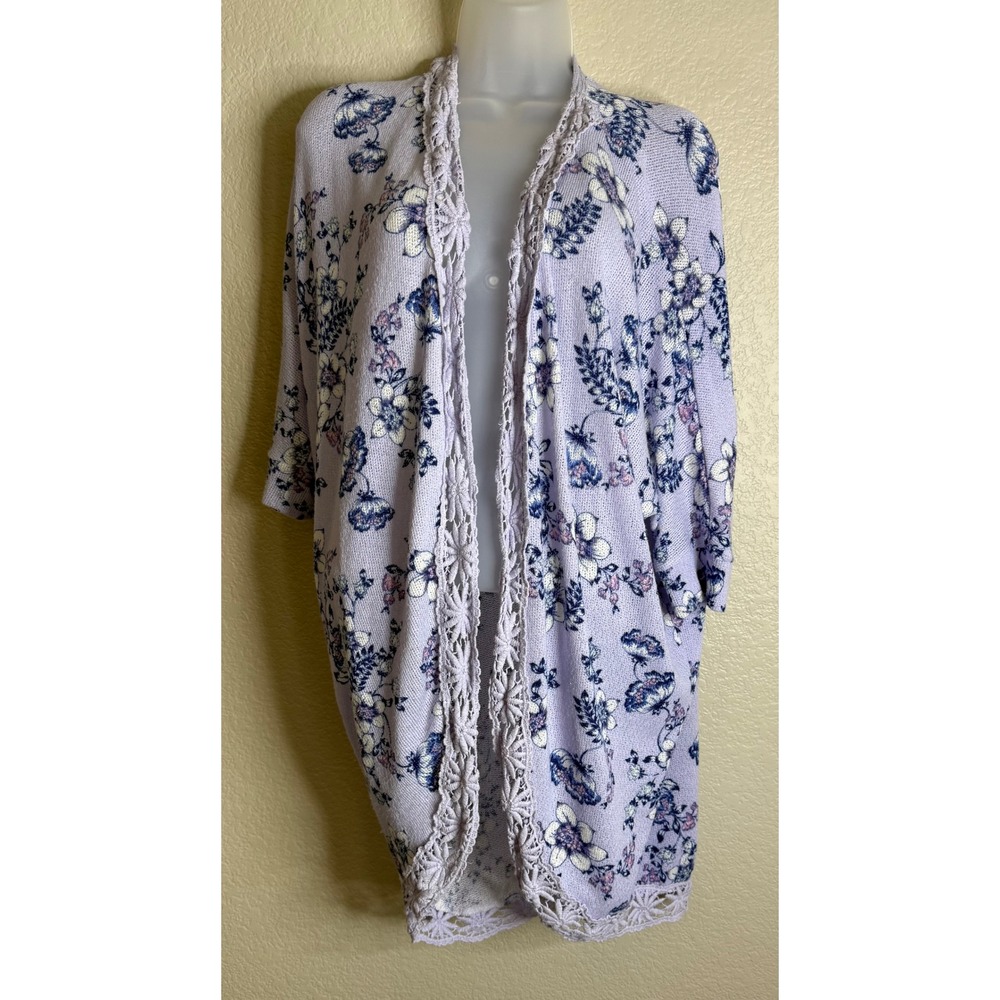 Blue Rain Womens S Cardigan Purple Floral Crochet Trim Open Front‎ Kimono Boho